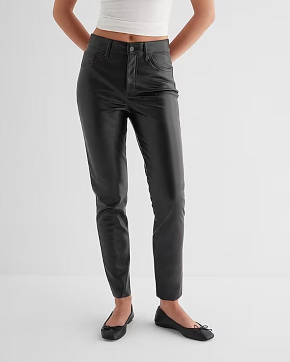 Express Skinny High Rise Faux Leather Pants 5-Pocket Solid Black Womens Size 6